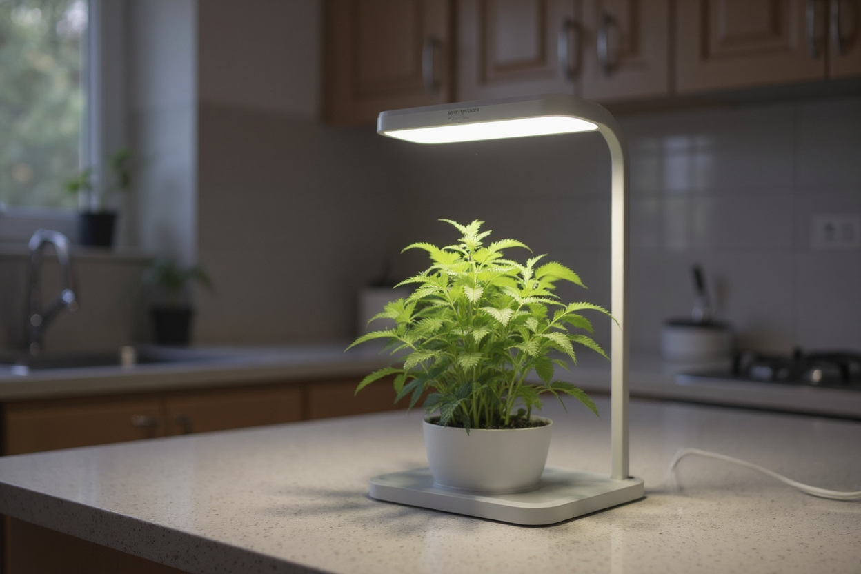Projecteur LED horticole éclairant des jeunes pousses vertes en intérieur.