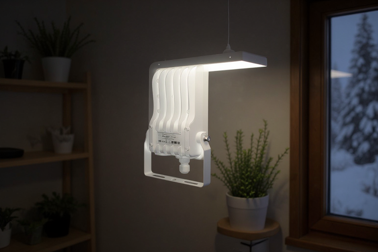 Lampe de croissance LED blanche éclairant des plantes d'intérieur en hiver.