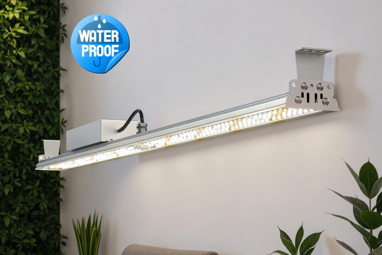 Lampe LED horticole étanche installée au-dessus d'un mur végétal d'intérieur luxuriant.