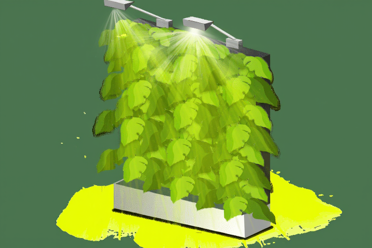 Système d'éclairage LED installé au-dessus d'un mur végétal intérieur luxuriant.