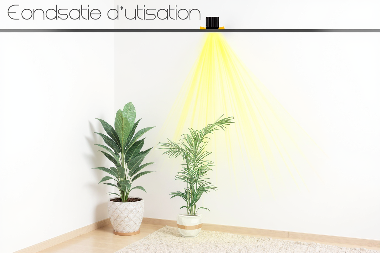 Lampe LED horticole illuminant une plante d'intérieur dans un salon moderne