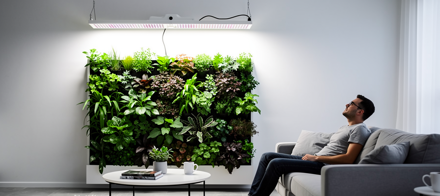 Projecteur LED horticole installé au-dessus d'un mur végétal d'intérieur verdoyant