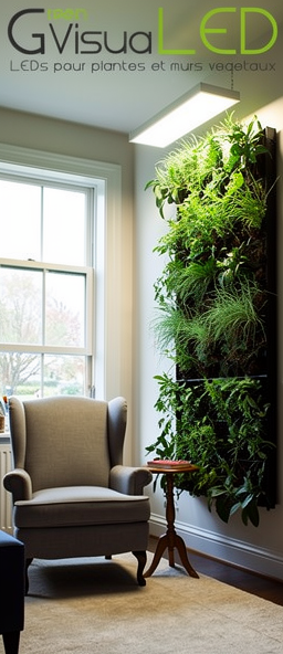 Coin salon moderne avec mur végétal intérieur éclairé par panneaux LED horticoles