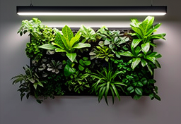 Mur végétal intérieur éclairé par une lampe LED horticole dans un espace moderne.