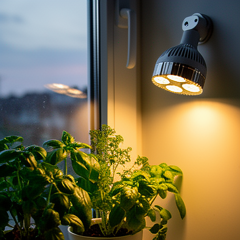 Ampoule LED horticole éclairant un jardin d'herbes aromatiques sur un rebord de fenêtre de cuisine.