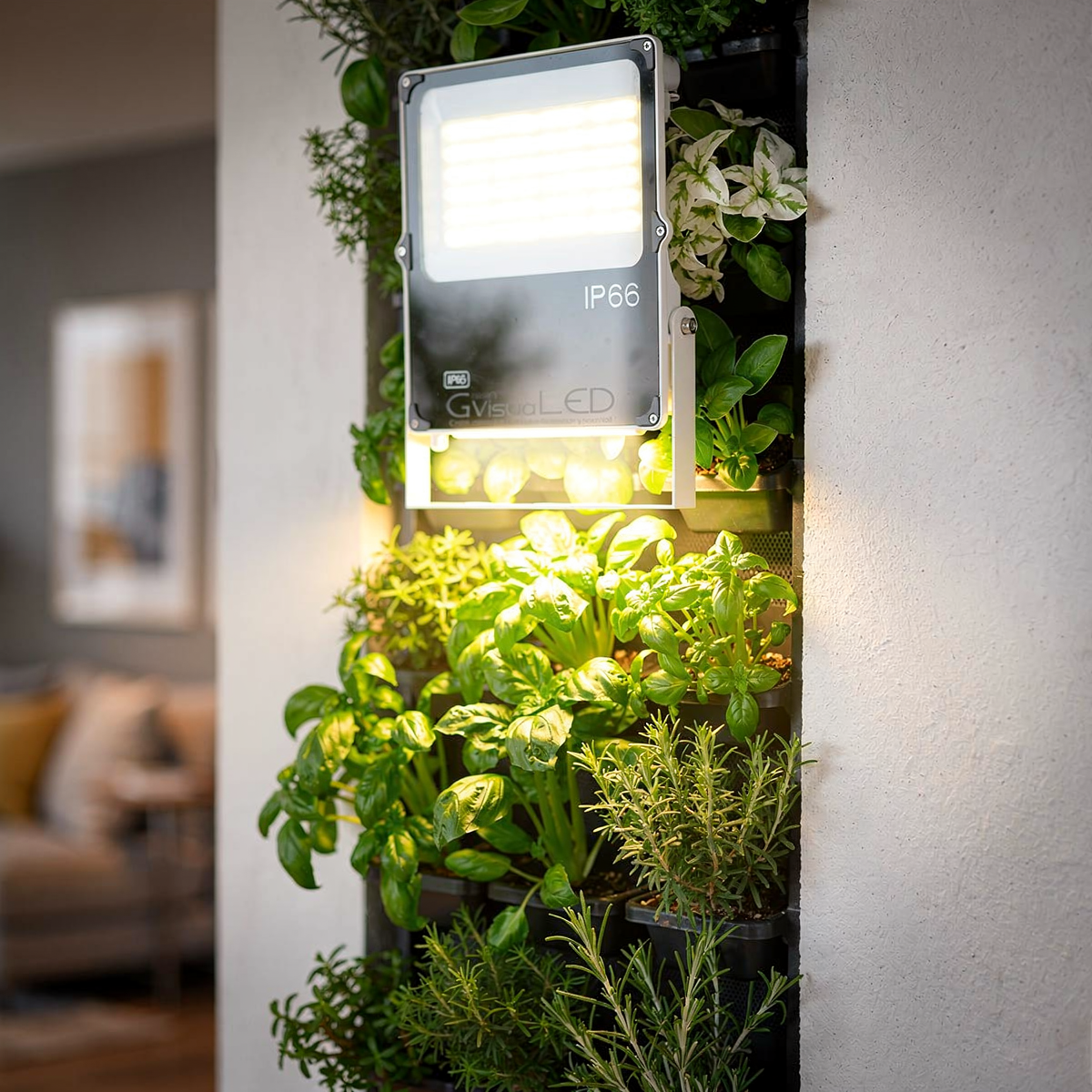 Projecteur LED horticole installé éclairant un jardin d'intérieur vertical.