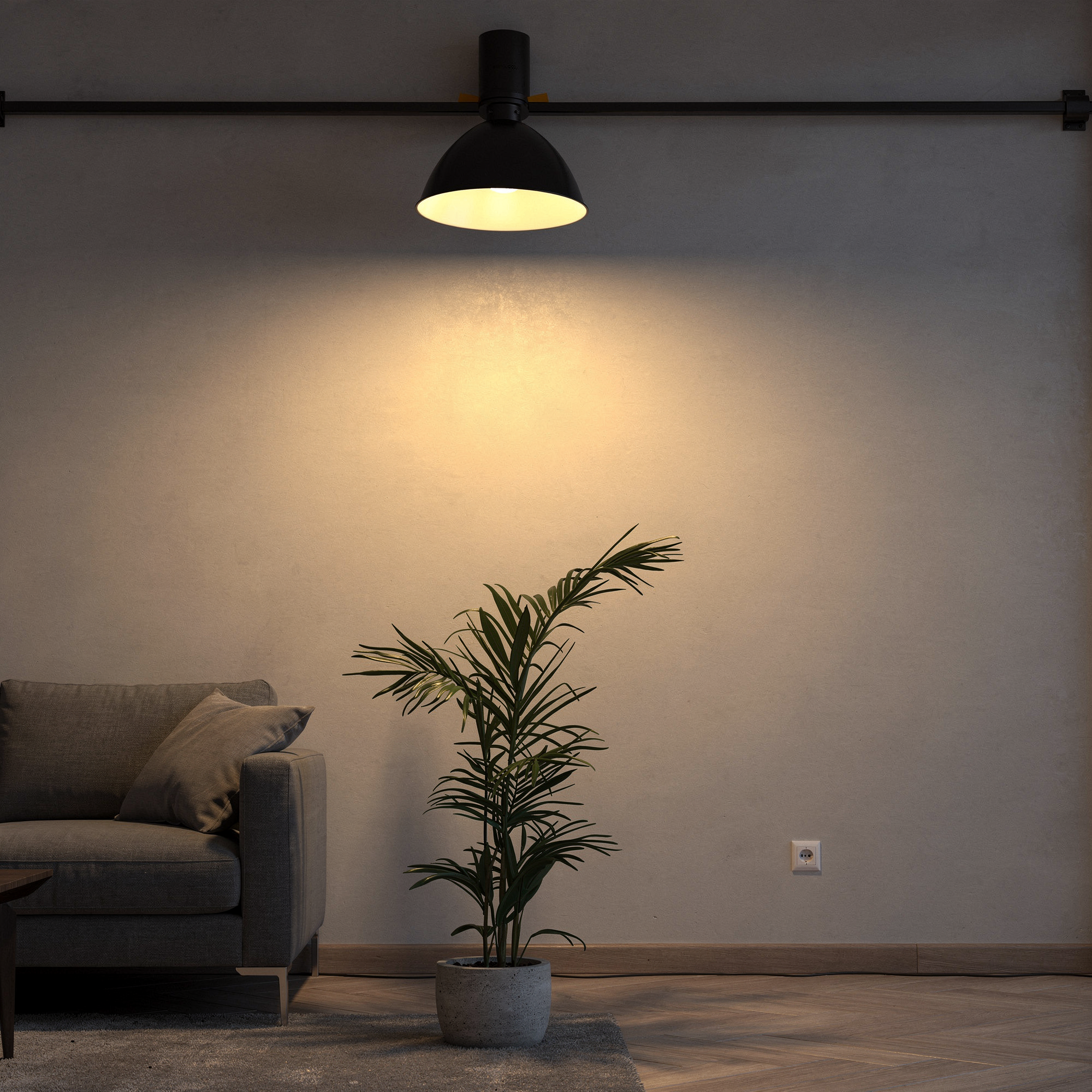 Lampe horticole éclairant une plante verte en pot dans un coin sombre d'intérieur