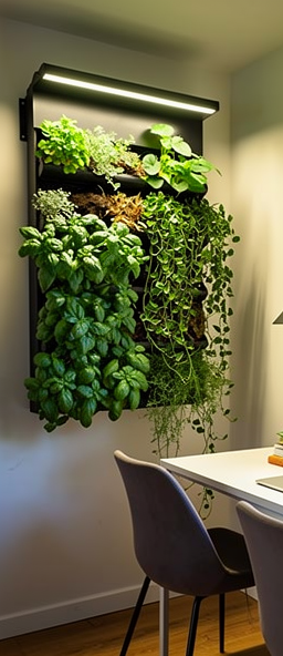 Jardin vertical d'herbes aromatiques prospérant dans un bureau sans fenêtre grâce à un système d'éclairage LED horticole.