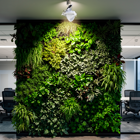 Mur végétalisé d'intérieur éclairé par un spot LED horticole encastrable