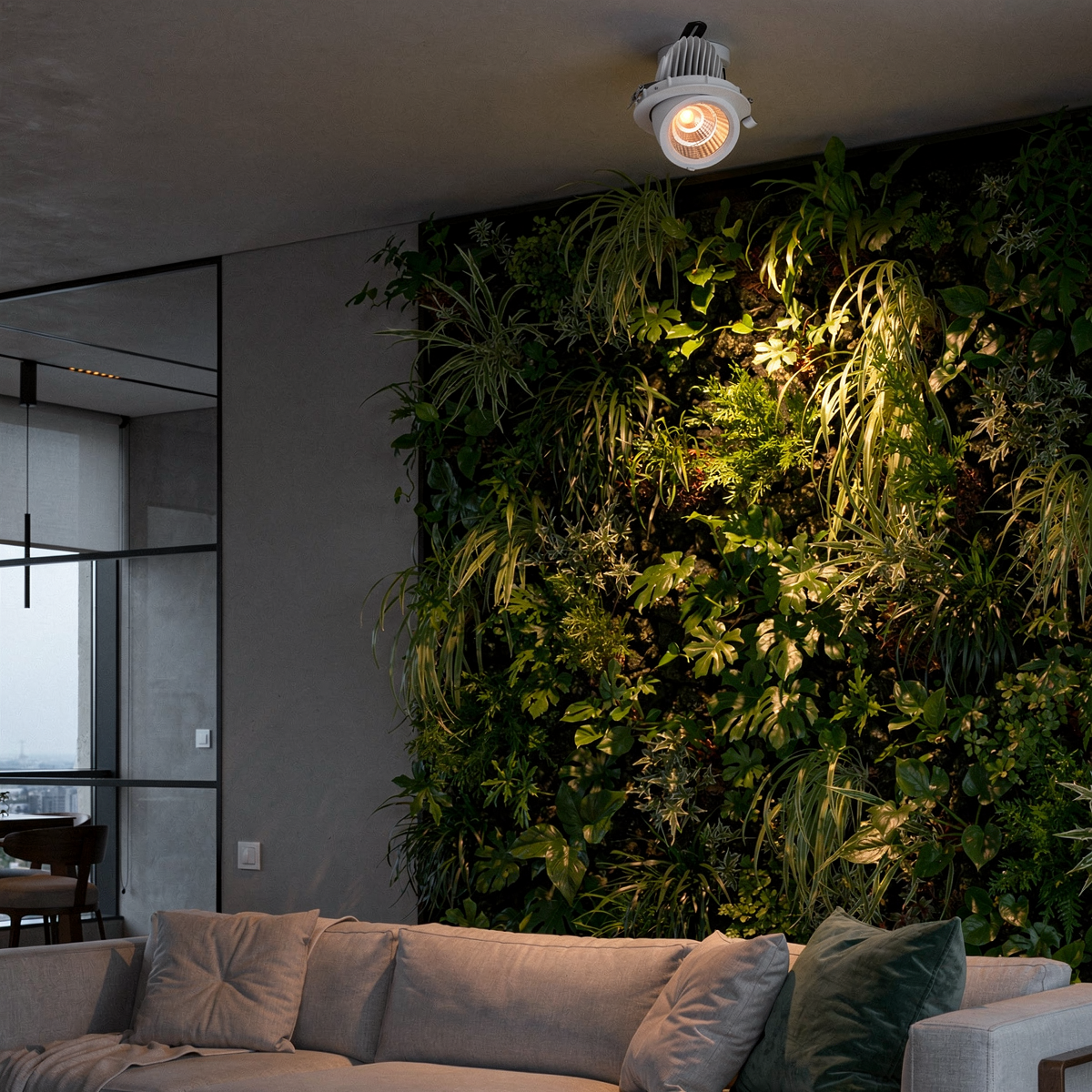 Spot LED encastrable orientable éclairant un mur végétal d'intérieur