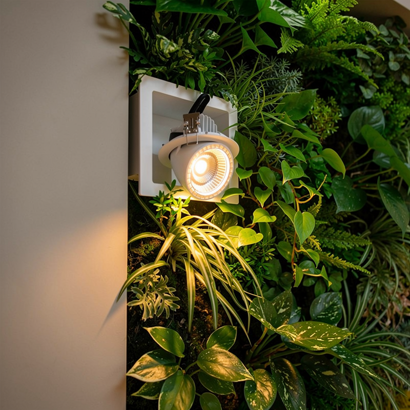 Spot LED encastré dans un mur végétal illuminant des plantes