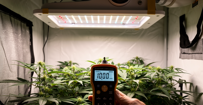 Un quantum meter mesurant le PPFD sous une lampe LED horticole dans une tente de culture indoor
