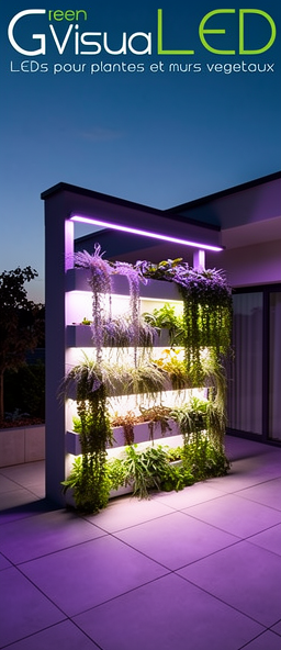 Système d'éclairage LED horticole installé au-dessus d'un mur végétal modulaire sur une terrasse contemporaine.