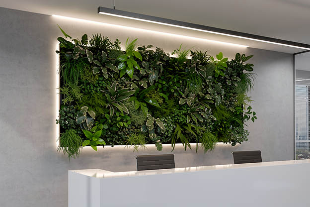 Panneau mural végétal artificiel éclairé installé sur le mur d'accueil d'un bureau moderne.