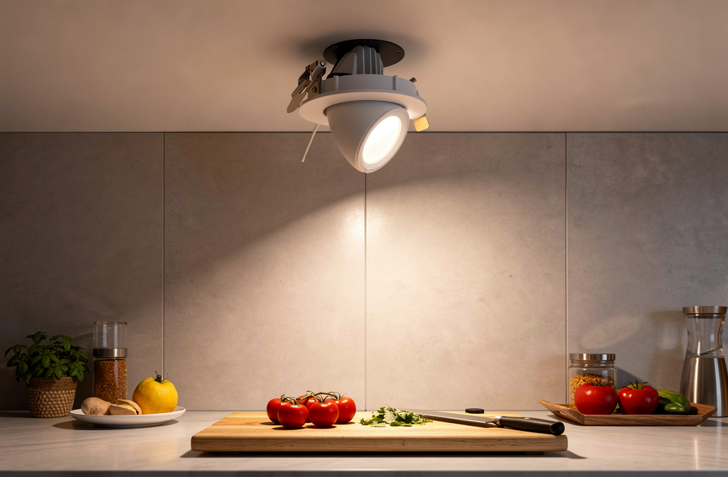 Spot LED encastrable orientable installé au plafond éclairant un plan de travail de cuisine