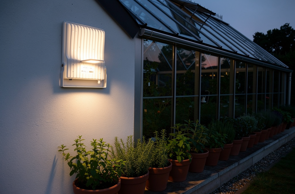 Lampe horticole LED étanche installée sur mur extérieur éclairant des plantes