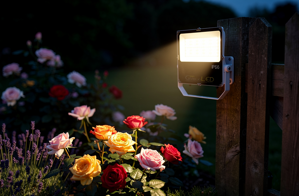 Projecteur LED installé sur clôture de jardin éclairant un massif de fleurs colorées au crépuscule
