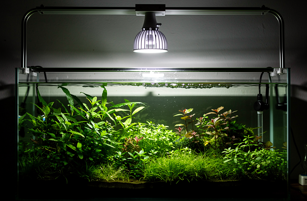 Ampoule LED pour aquarium planté éclairant des plantes aquatiques luxuriantes.