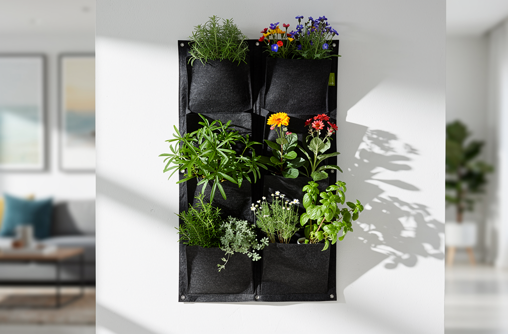 Jardinière murale à poches en feutre noir garnie de plantes vertes sur un mur intérieur
