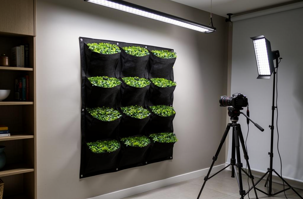 Mur végétal avec éclairage LED pour photographie professionnelle d'intérieur.