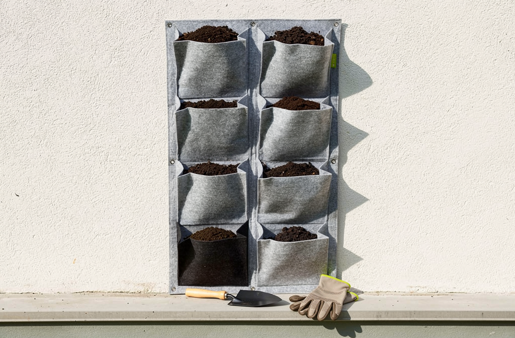 Jardinière murale verticale à poches en feutre installée sur un mur extérieur prêt pour la végétalisation