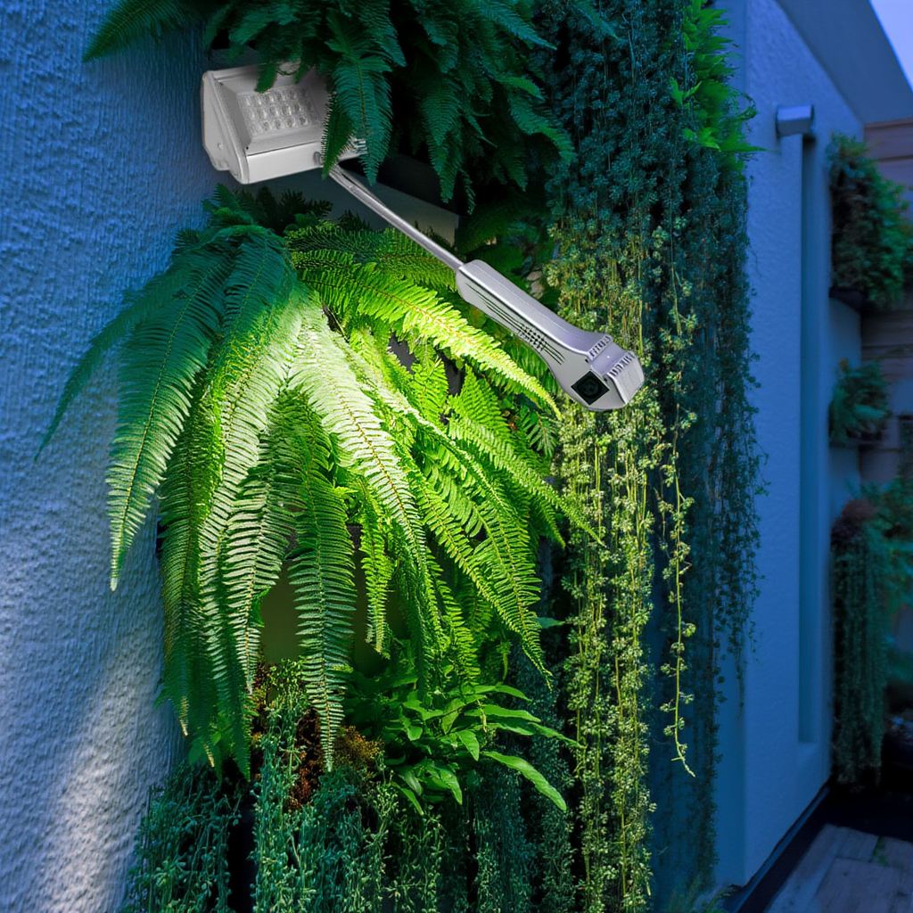 Projecteur LED éclairant un mur végétal extérieur luxuriant