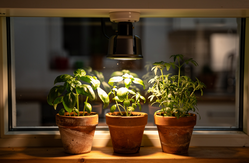 Ampoule LED horticole installée au plafond éclairant des plantes aromatiques en cuisine.