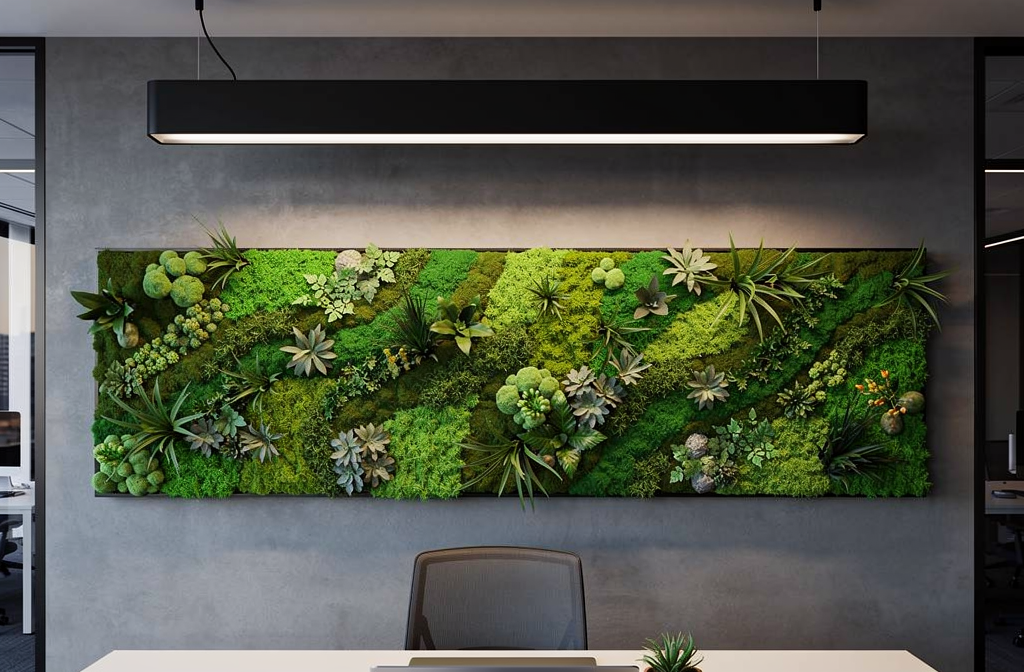 Lampe LED horticole noire éclairant un mur végétal stabilisé dans un bureau moderne