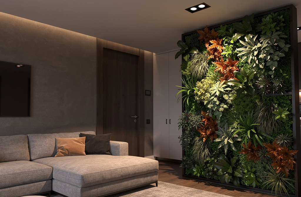 Spot LED encastrable éclairant un mur végétal d'intérieur