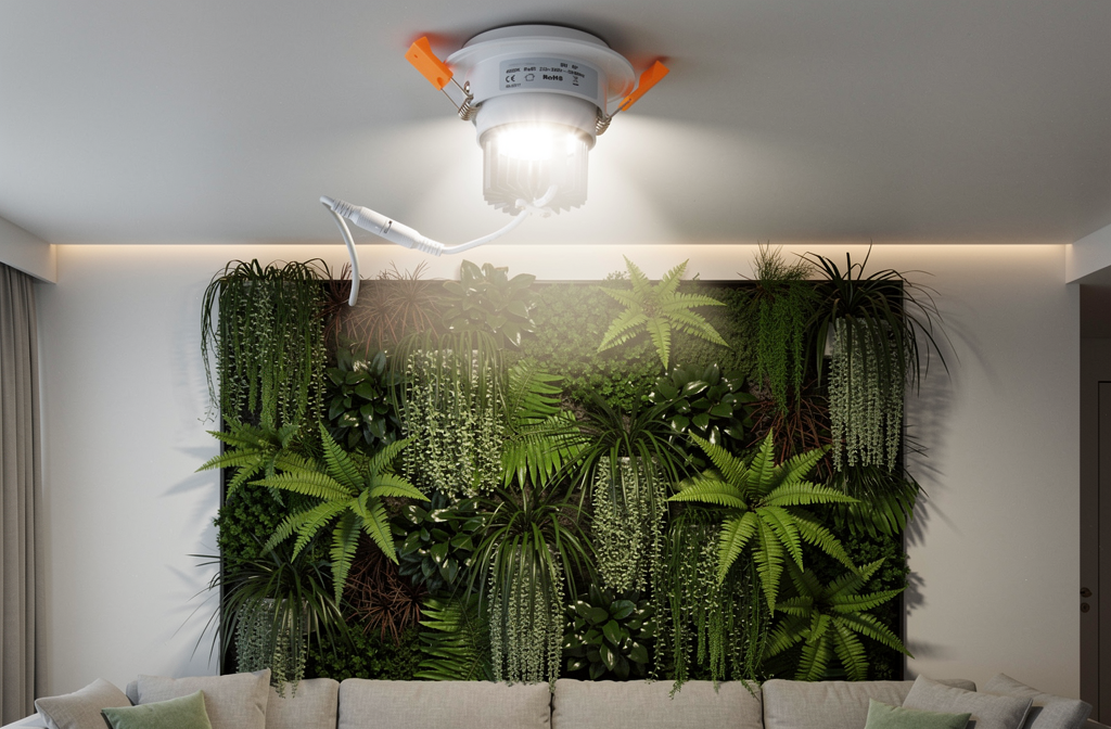 Lampe encastrable pour plantes illuminant un mur végétal intérieur