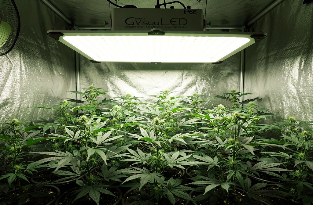 Lampe de culture LED 1000W suspendue au-dessus de plantes en croissance dans une tente de culture intérieure.