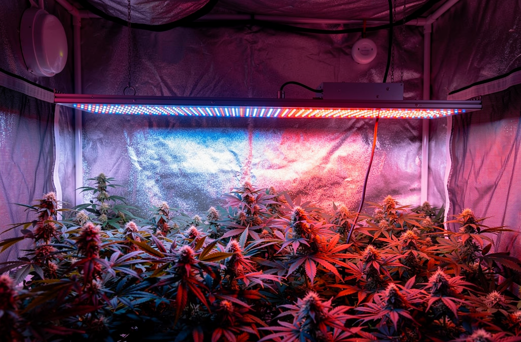 Lampe LED de culture 1000W spectre complet suspendue au-dessus de plantes en floraison dans une serre intérieure.