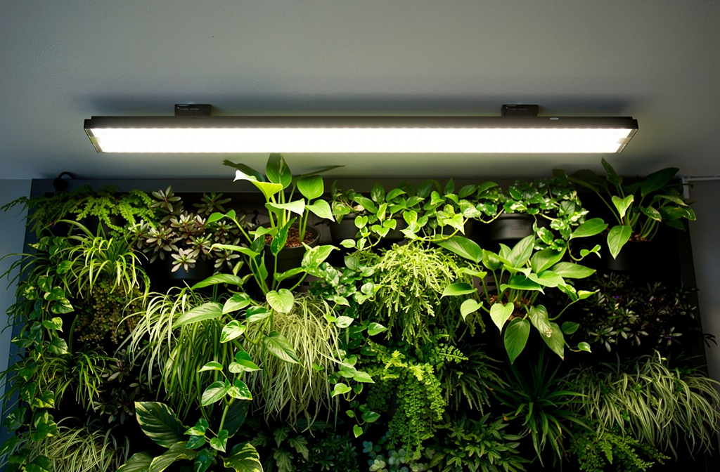 Rampe LED horticole encastrable au plafond éclairant un mur végétal intérieur luxuriant.