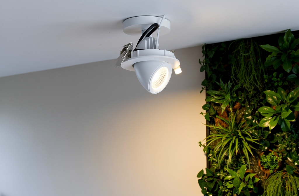 Spot LED encastrable orientable éclairant discrètement un mur végétal dans un intérieur design.