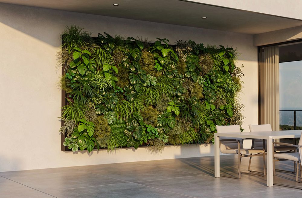 Mur végétal extérieur artificiel : feuillage résistant UV