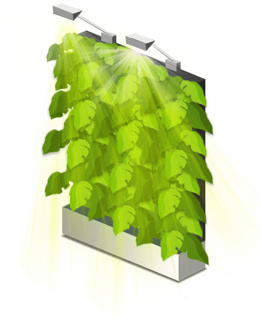 Green-leaf living wall lit by two GreenVisuaLED spots